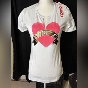 Fiorucci White Tee with Pink Heart and Gold Logo. Made in Italy.